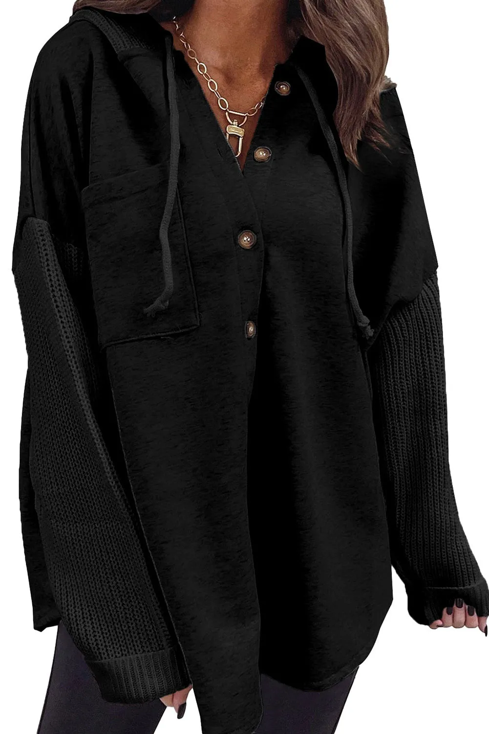 Black Gray Button Up Contrast Knitted Sleeves Hooded Jacket