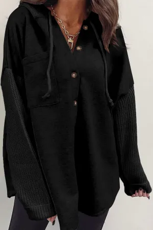 Black Gray Button Up Contrast Knitted Sleeves Hooded Jacket