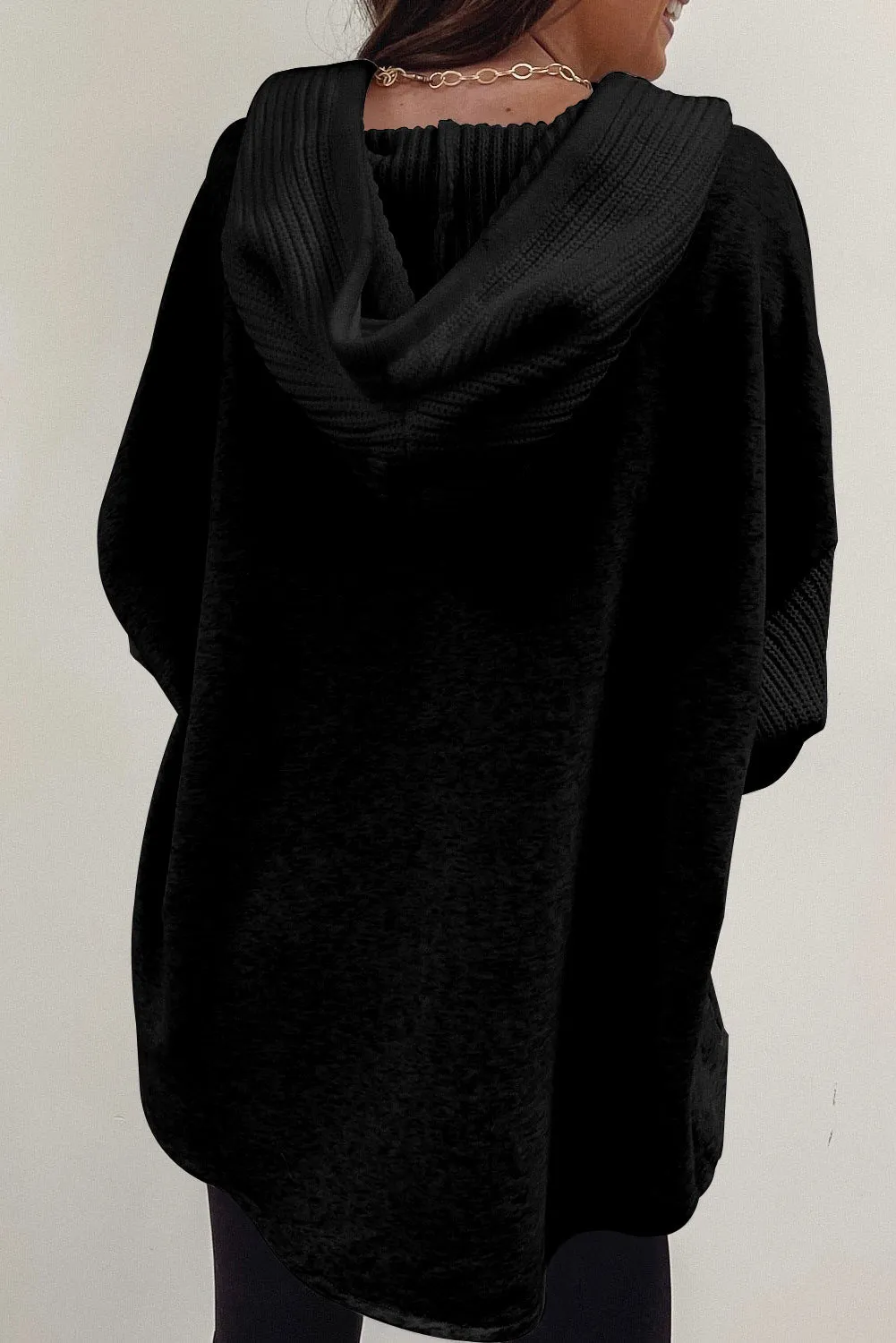 Black Gray Button Up Contrast Knitted Sleeves Hooded Jacket