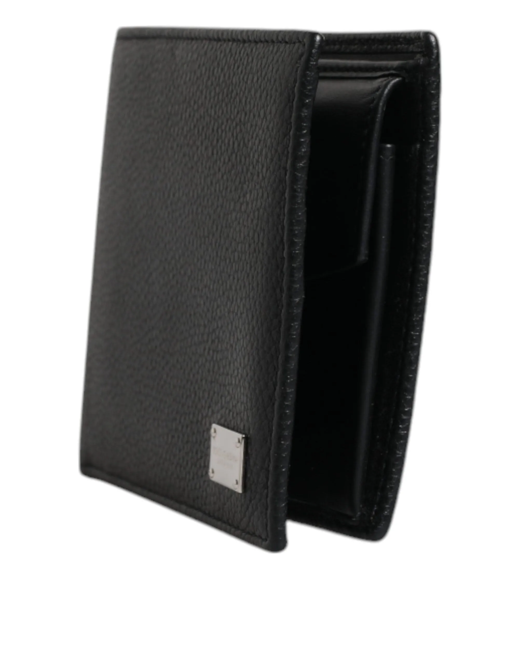Black Leather Bifold Card Holder Men Logo Plaque Wallet