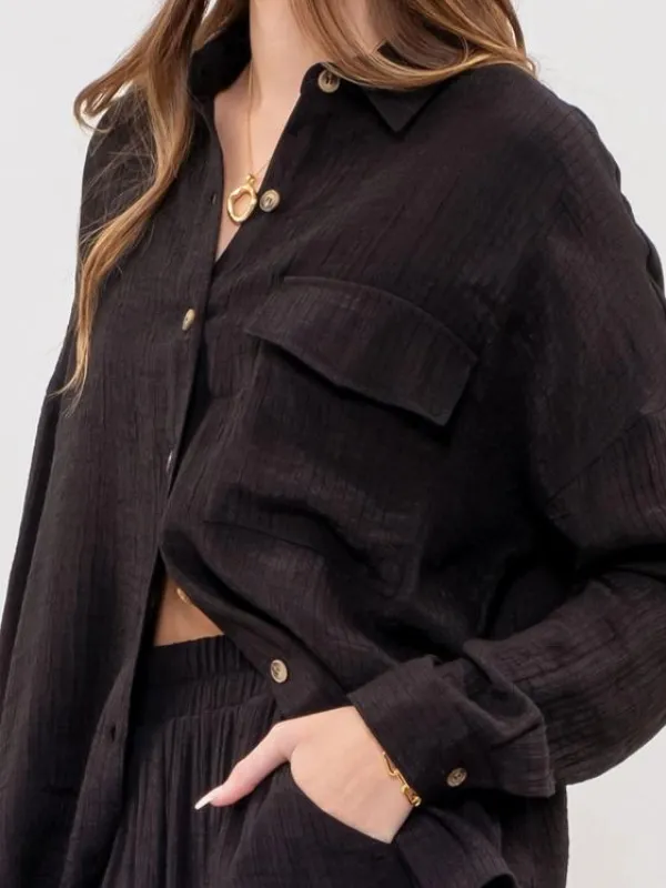 Black Lightweight Button Down Top