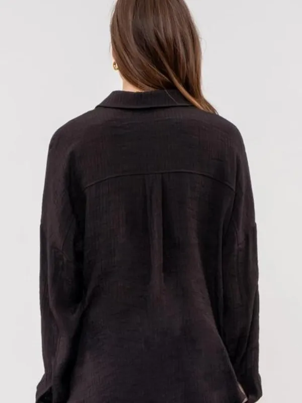 Black Lightweight Button Down Top
