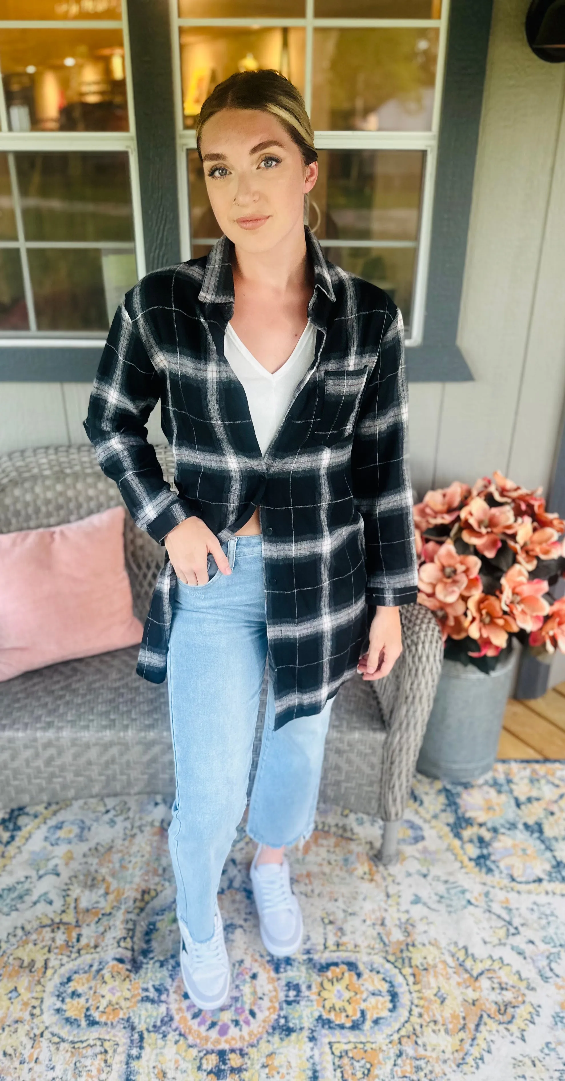 Black Plaid Tunic Button Up
