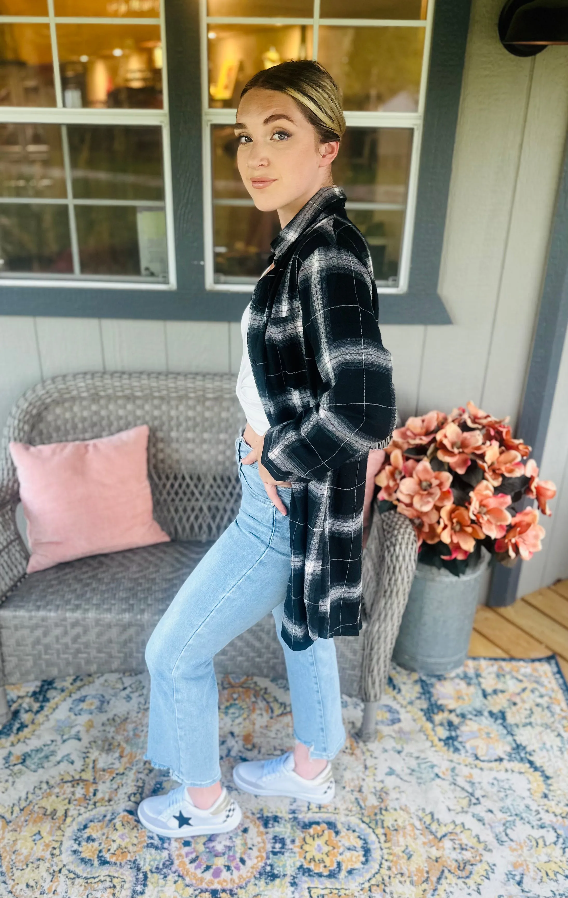 Black Plaid Tunic Button Up