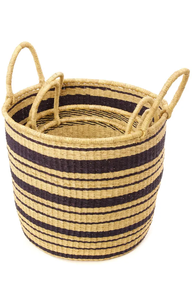 BLACK STRIPED GRASS BASKET SET  (GHANA)