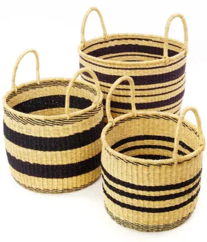 BLACK STRIPED GRASS BASKET SET  (GHANA)