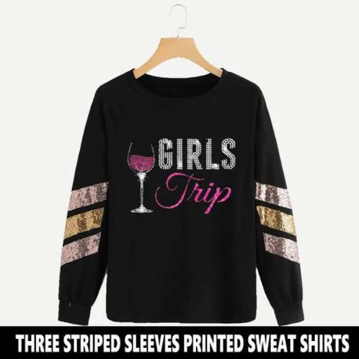 BLACK THREE STRIPED SLEEVES PRINTED SWEAT SHIRTS ( TRIP)