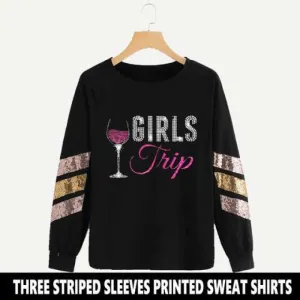 BLACK THREE STRIPED SLEEVES PRINTED SWEAT SHIRTS ( TRIP)
