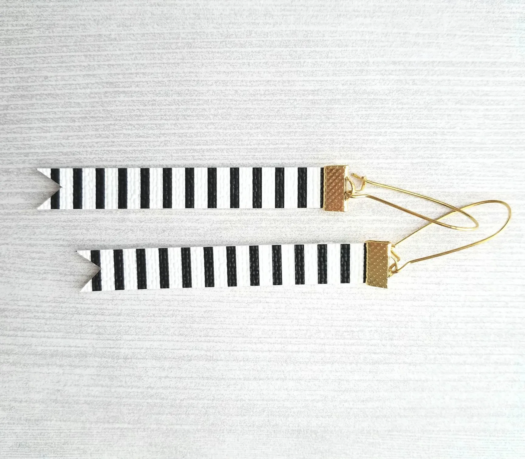 Black White Stripe Earrings - faux leather extra long flag pennant narrow tag style nautical theme - gold locking kidney ear wire - vegan