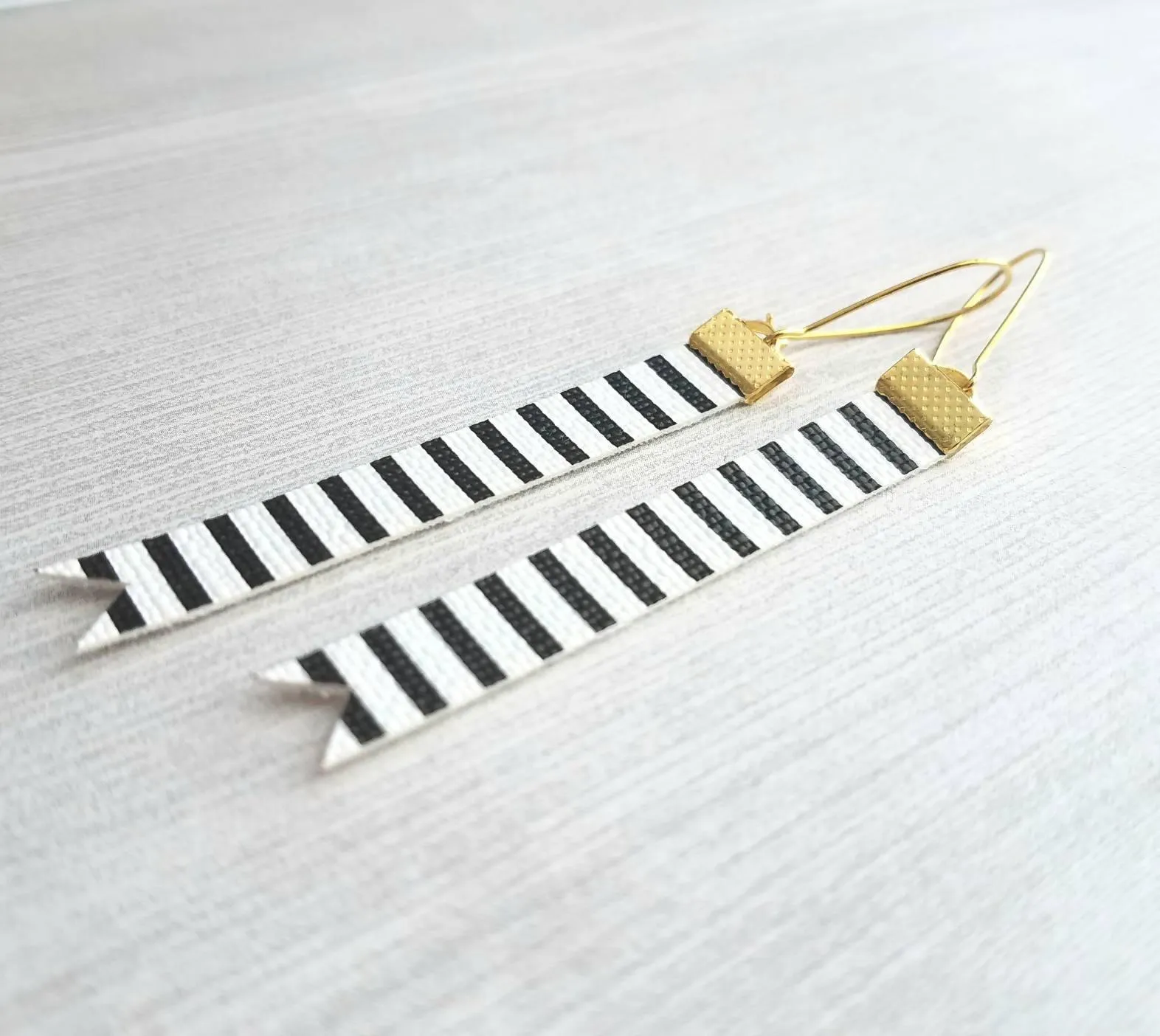 Black White Stripe Earrings - faux leather extra long flag pennant narrow tag style nautical theme - gold locking kidney ear wire - vegan