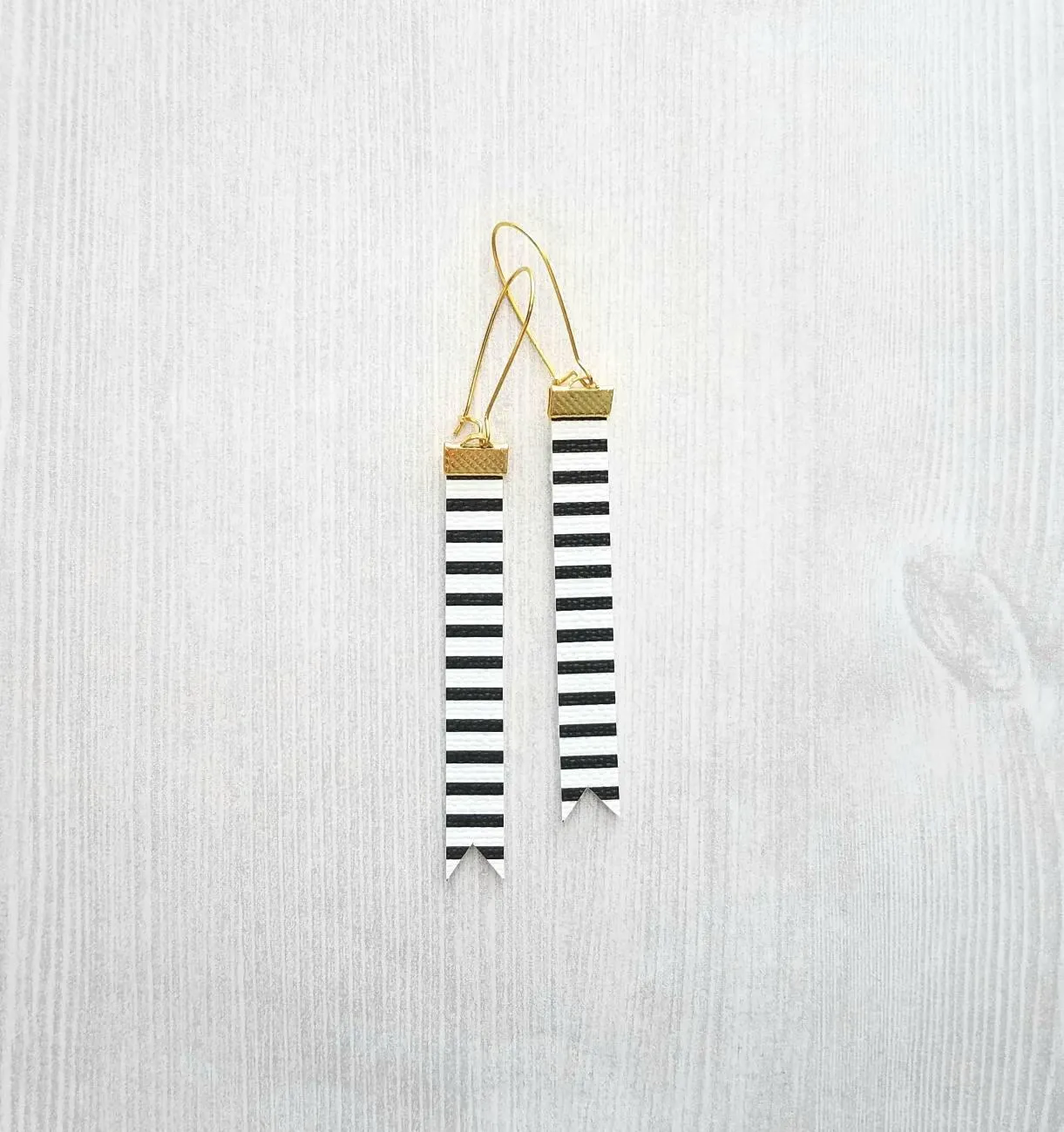 Black White Stripe Earrings - faux leather extra long flag pennant narrow tag style nautical theme - gold locking kidney ear wire - vegan