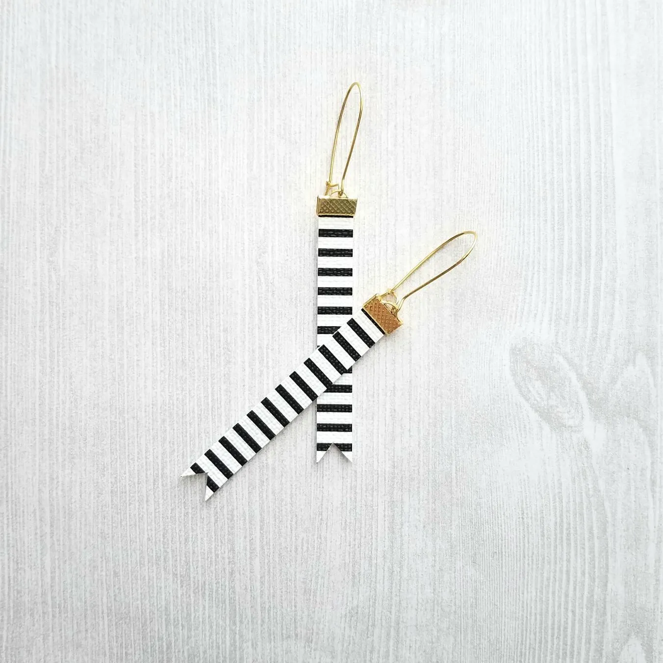 Black White Stripe Earrings - faux leather extra long flag pennant narrow tag style nautical theme - gold locking kidney ear wire - vegan
