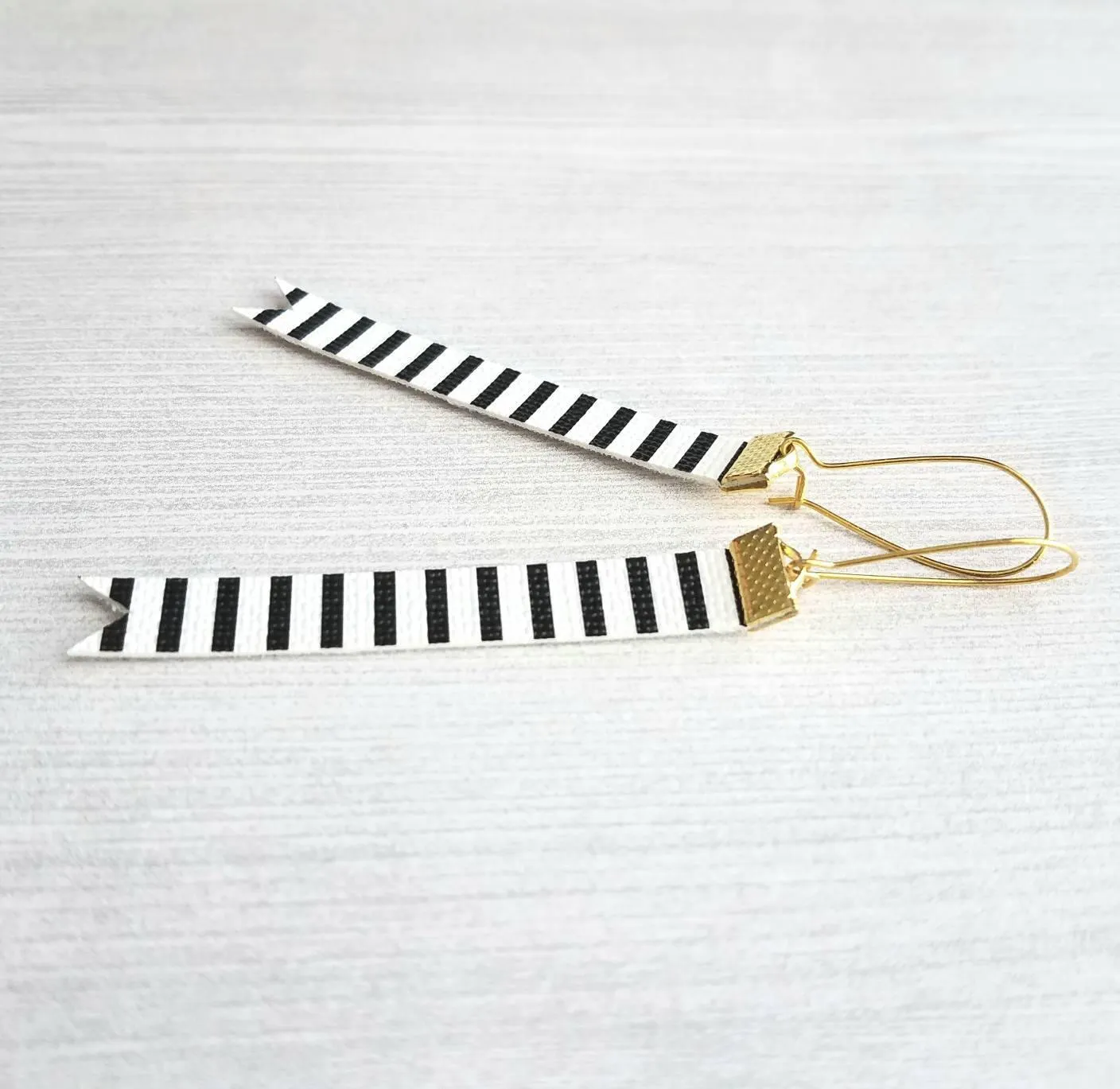 Black White Stripe Earrings - faux leather extra long flag pennant narrow tag style nautical theme - gold locking kidney ear wire - vegan