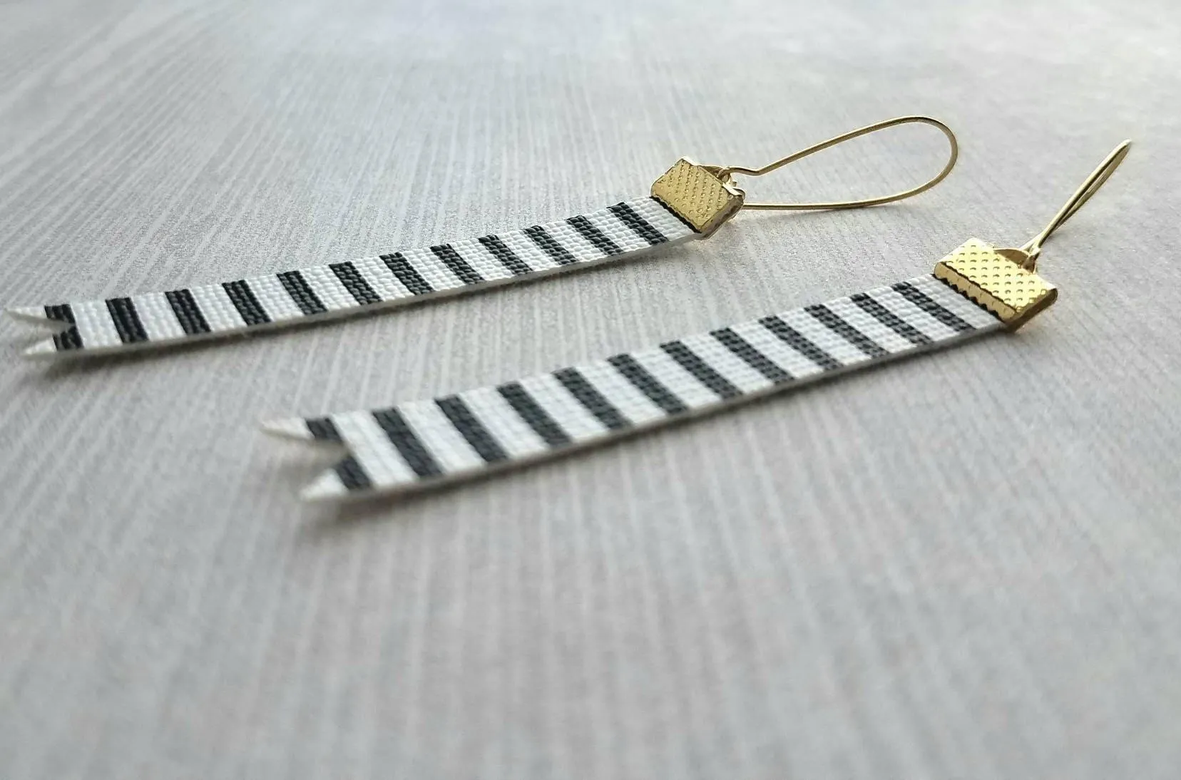 Black White Stripe Earrings - faux leather extra long flag pennant narrow tag style nautical theme - gold locking kidney ear wire - vegan