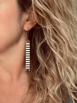 Black White Stripe Earrings - faux leather extra long flag pennant narrow tag style nautical theme - gold locking kidney ear wire - vegan