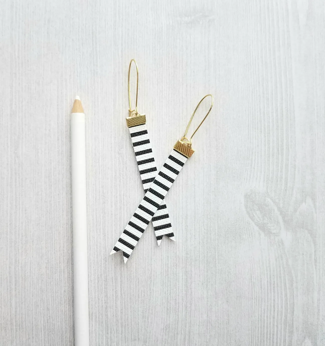 Black White Stripe Earrings - faux leather extra long flag pennant narrow tag style nautical theme - gold locking kidney ear wire - vegan