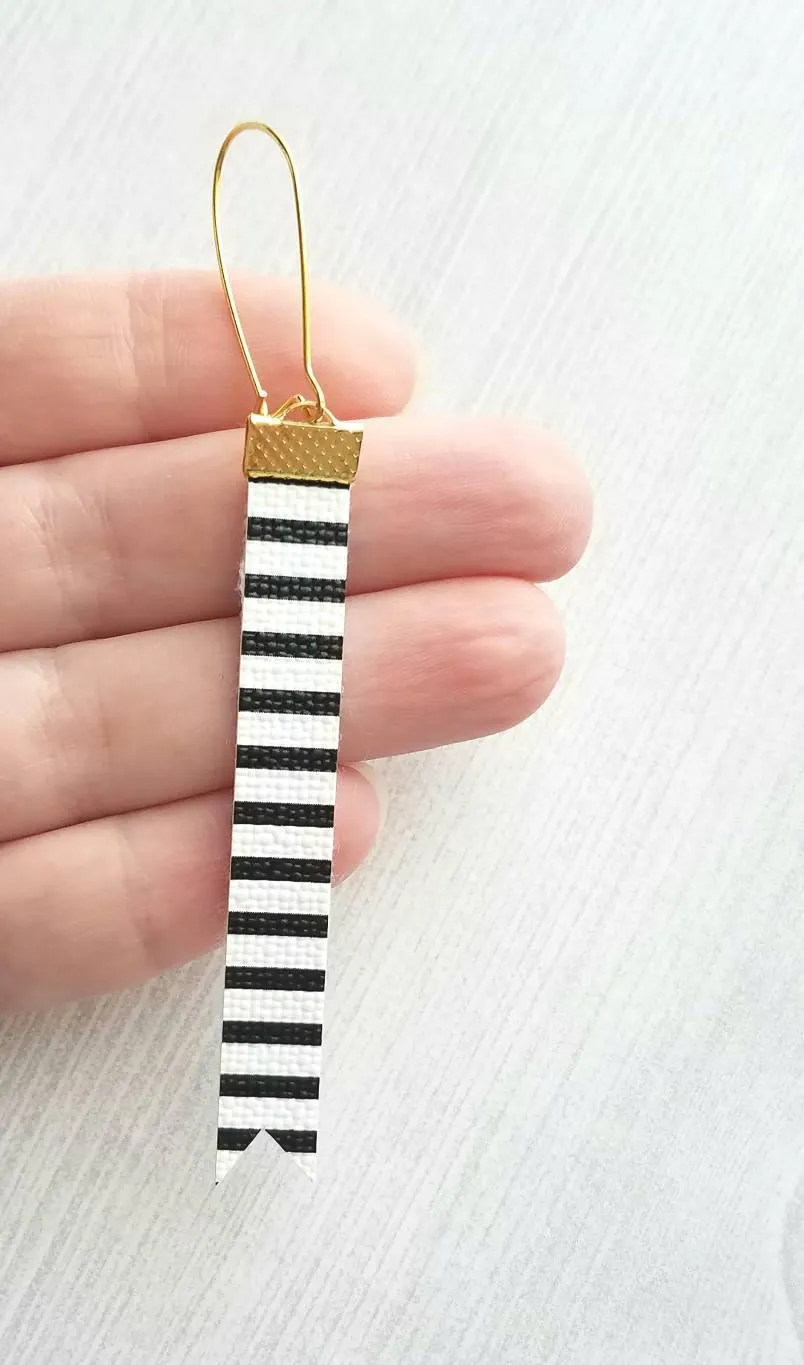 Black White Stripe Earrings - faux leather extra long flag pennant narrow tag style nautical theme - gold locking kidney ear wire - vegan