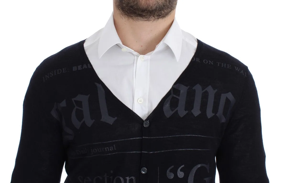 Black Wool Button Down Logo Cardigan