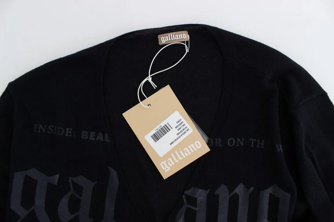 Black Wool Button Down Logo Cardigan