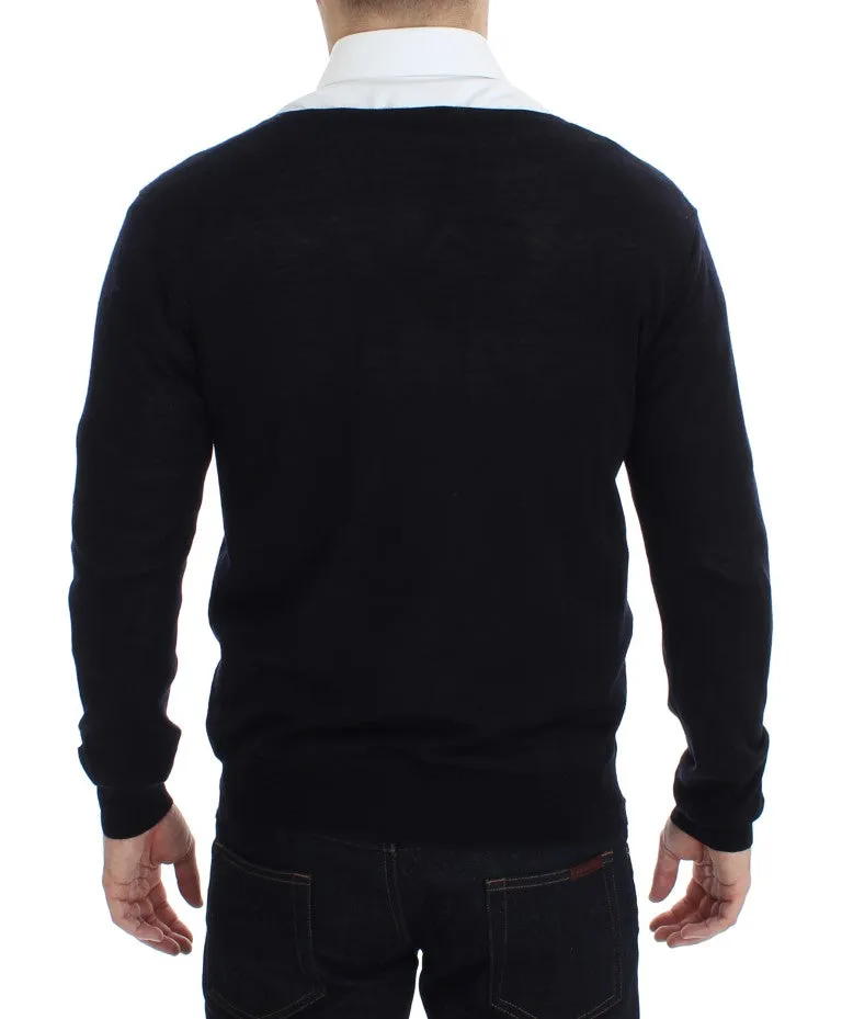 Black Wool Button Down Logo Cardigan
