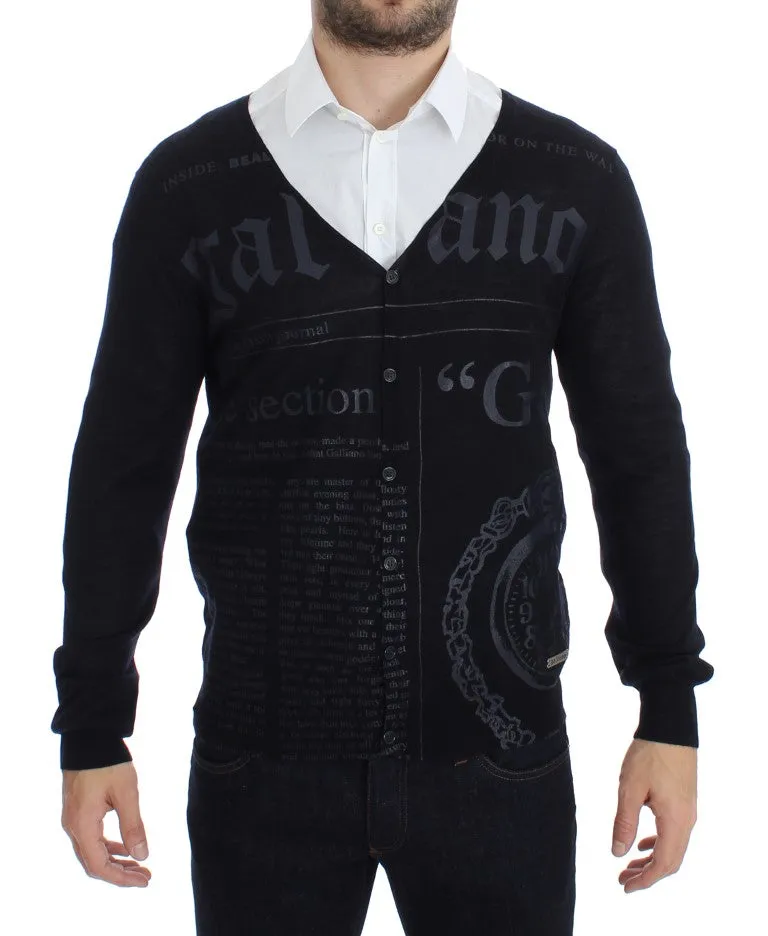 Black Wool Button Down Logo Cardigan
