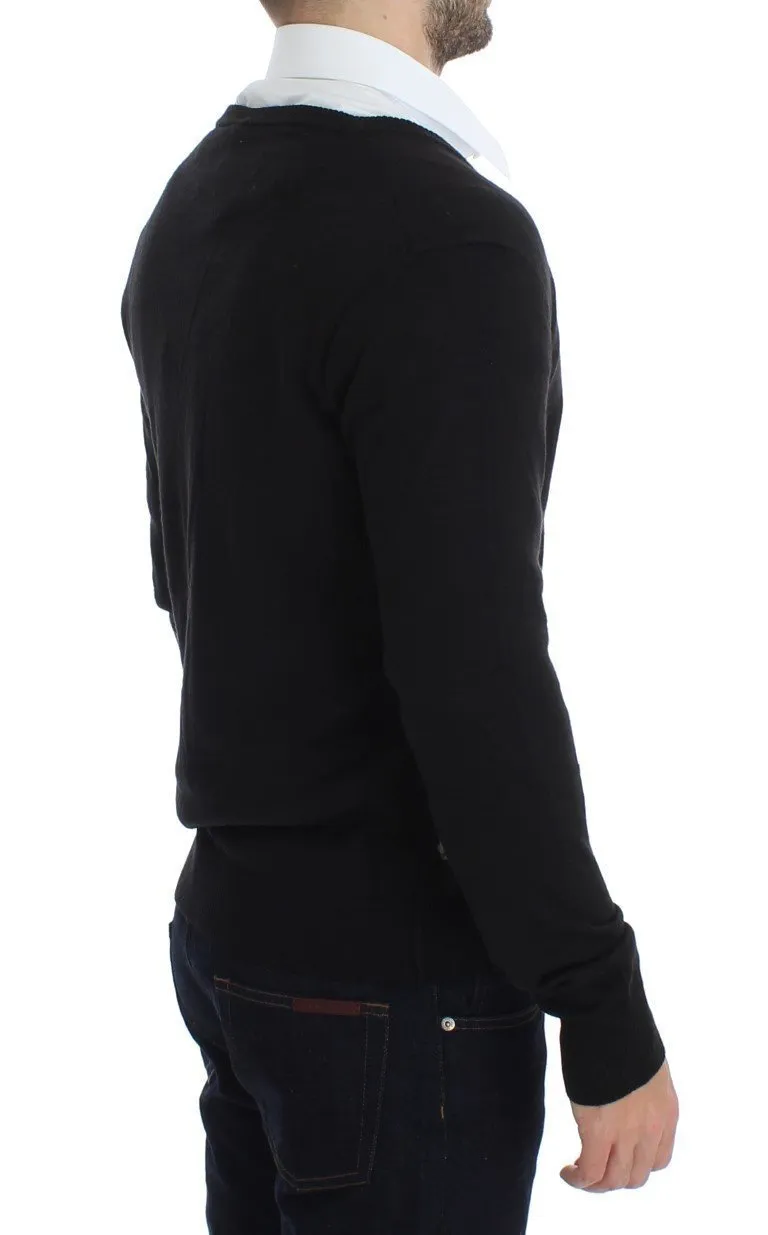 Black Wool Button Down Logo Cardigan