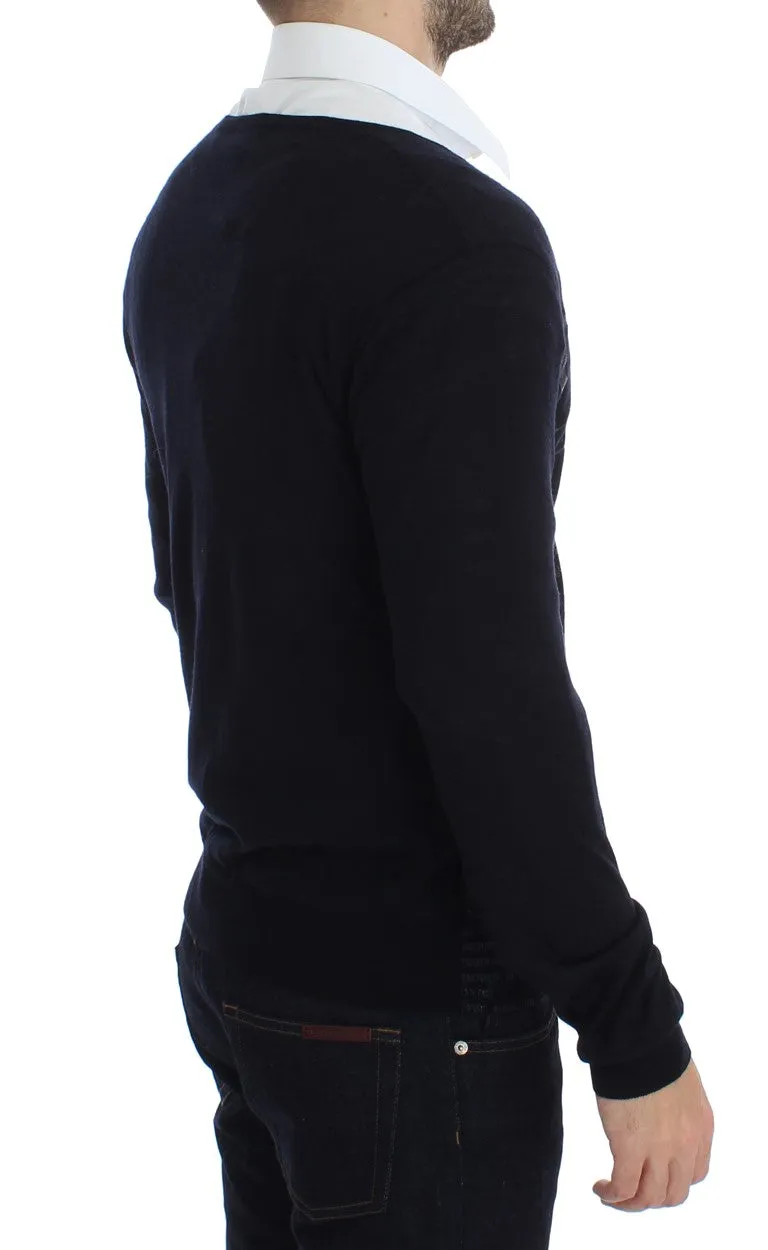 Black Wool Button Down Logo Cardigan