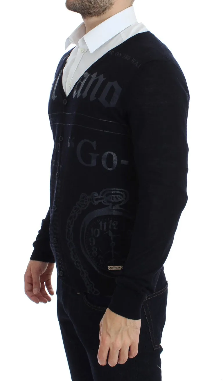Black Wool Button Down Logo Cardigan