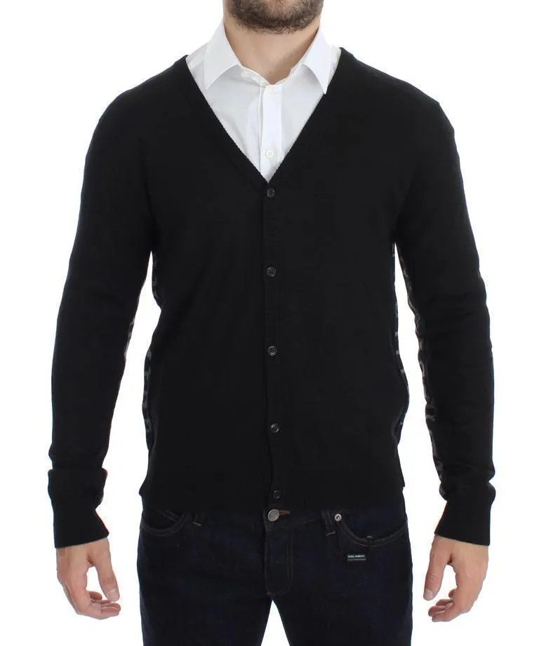 Black Wool Button Down Logo Cardigan