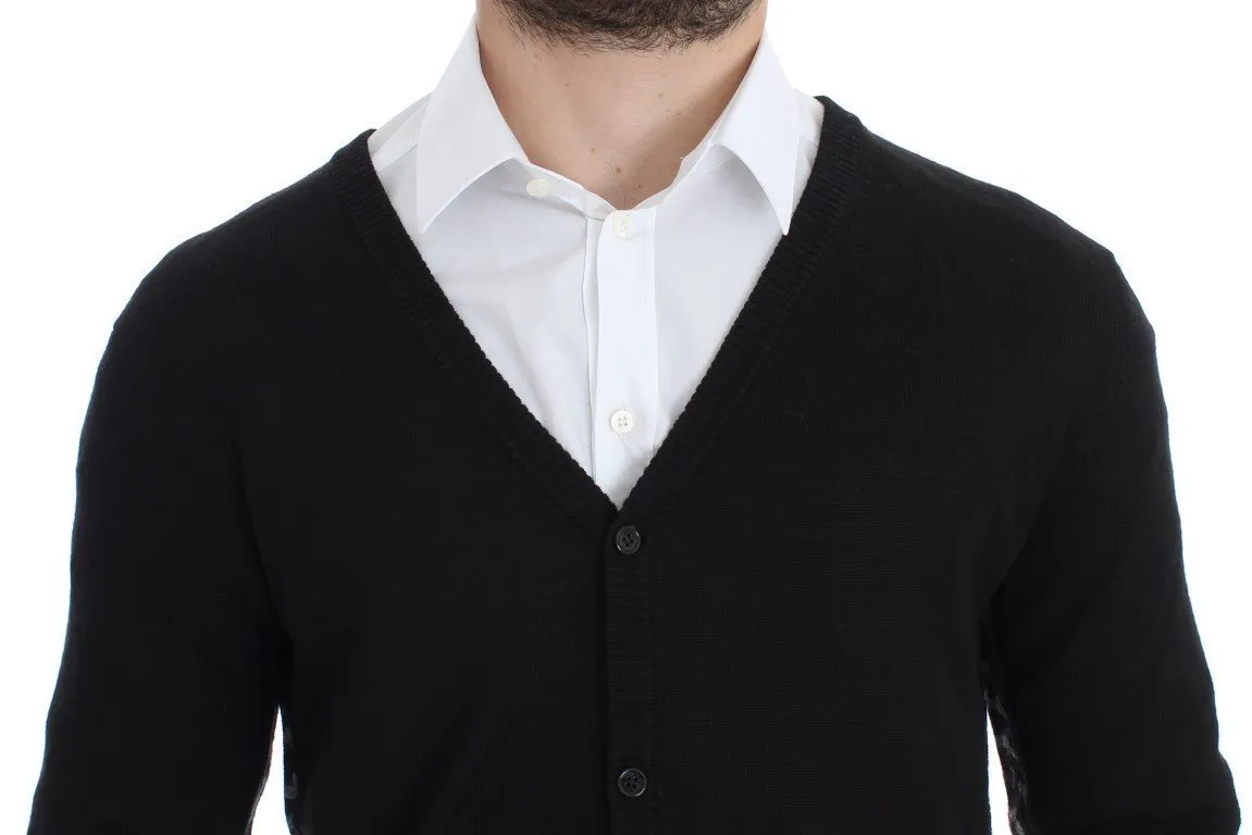 Black Wool Button Down Logo Cardigan