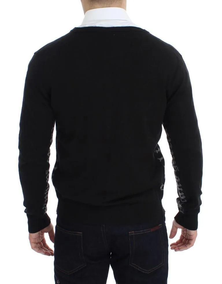 Black Wool Button Down Logo Cardigan