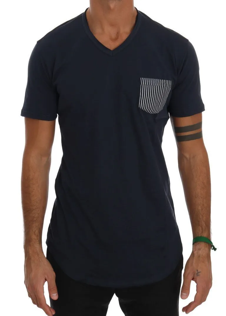Blue Cotton V-neck T-Shirt