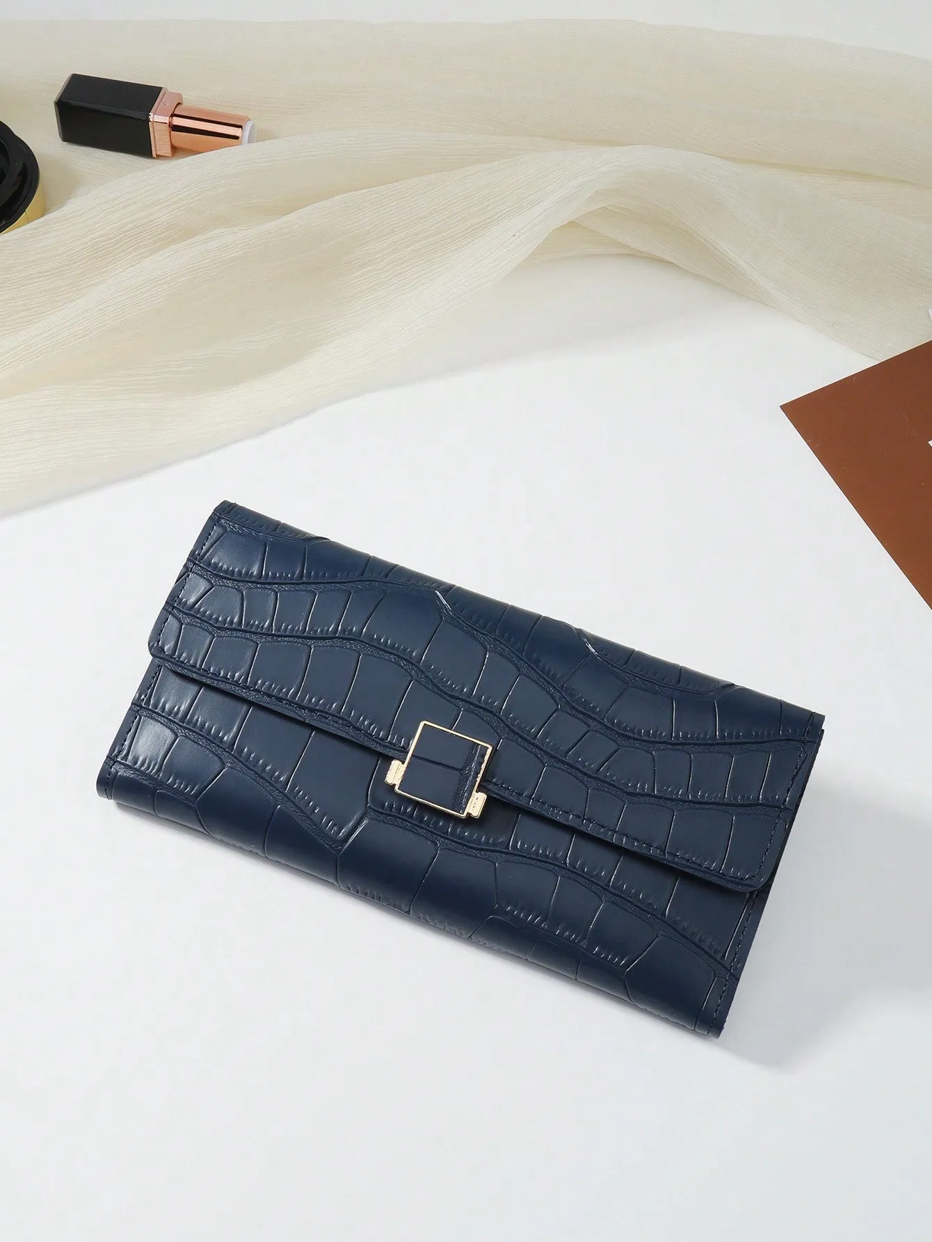 Blue Crocodile Embossed Fold Over Long Wallet - Blue