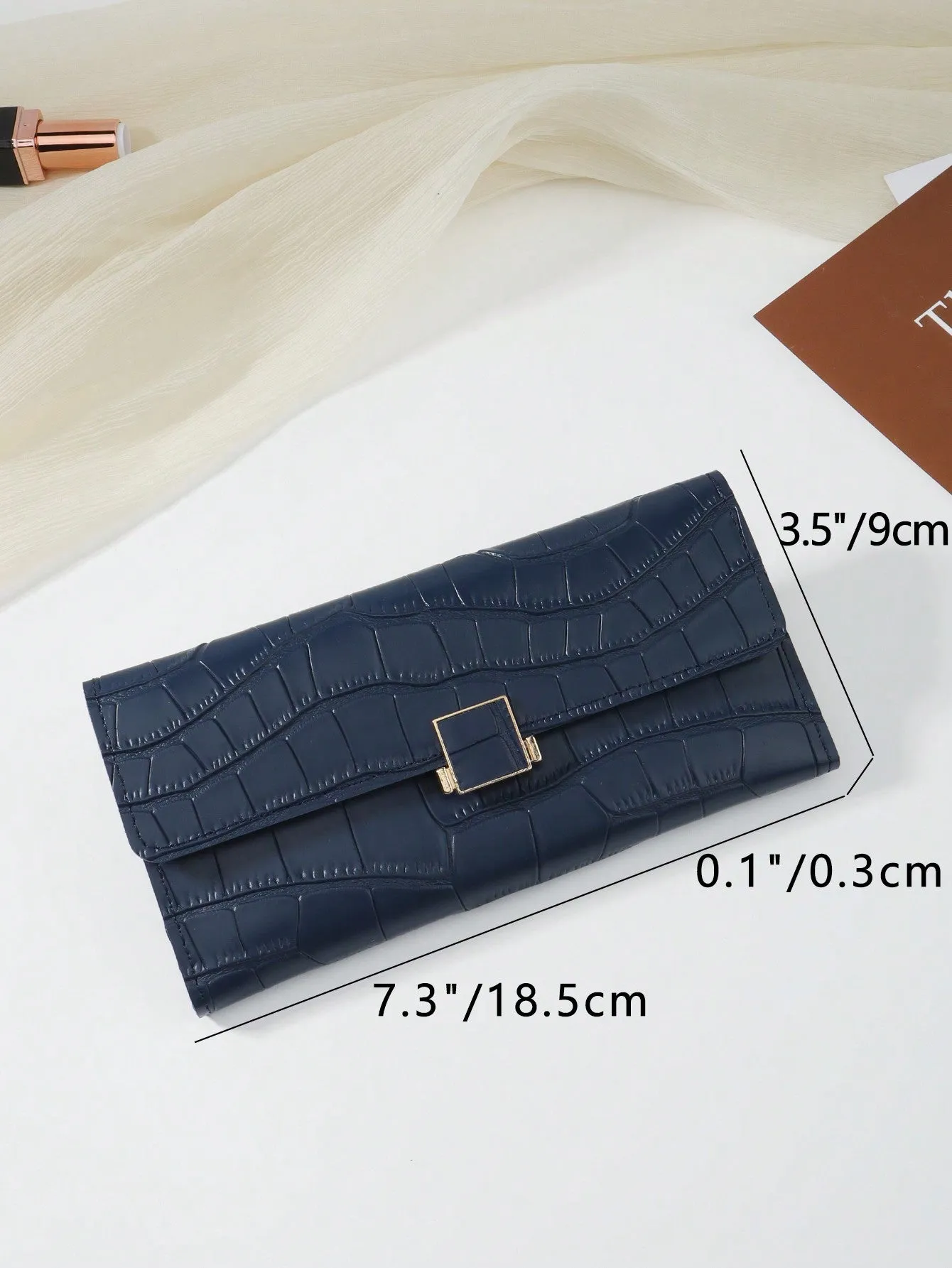Blue Crocodile Embossed Fold Over Long Wallet - Blue
