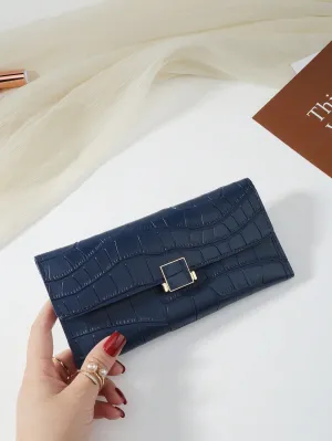 Blue Crocodile Embossed Fold Over Long Wallet - Blue
