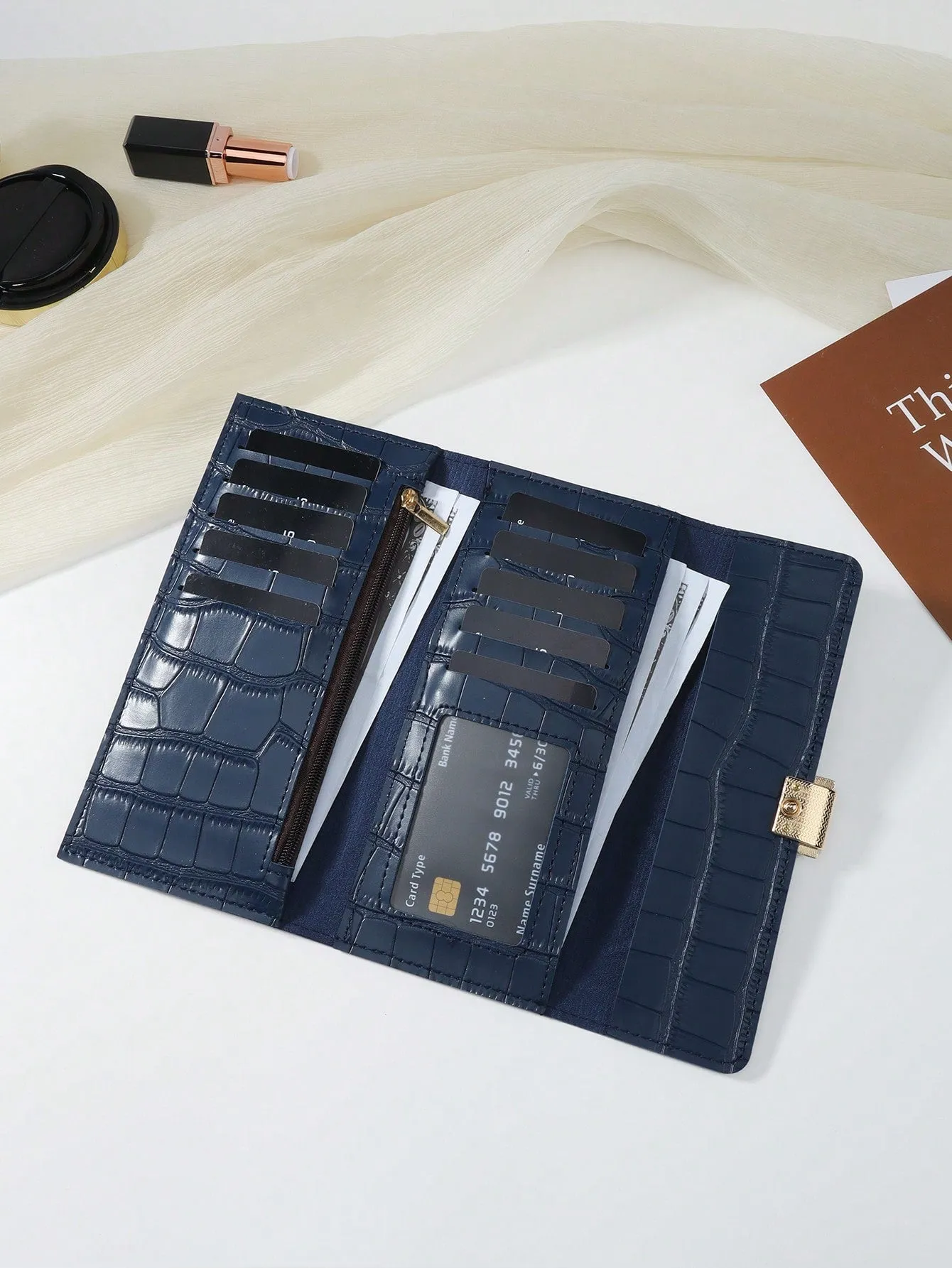 Blue Crocodile Embossed Fold Over Long Wallet - Blue