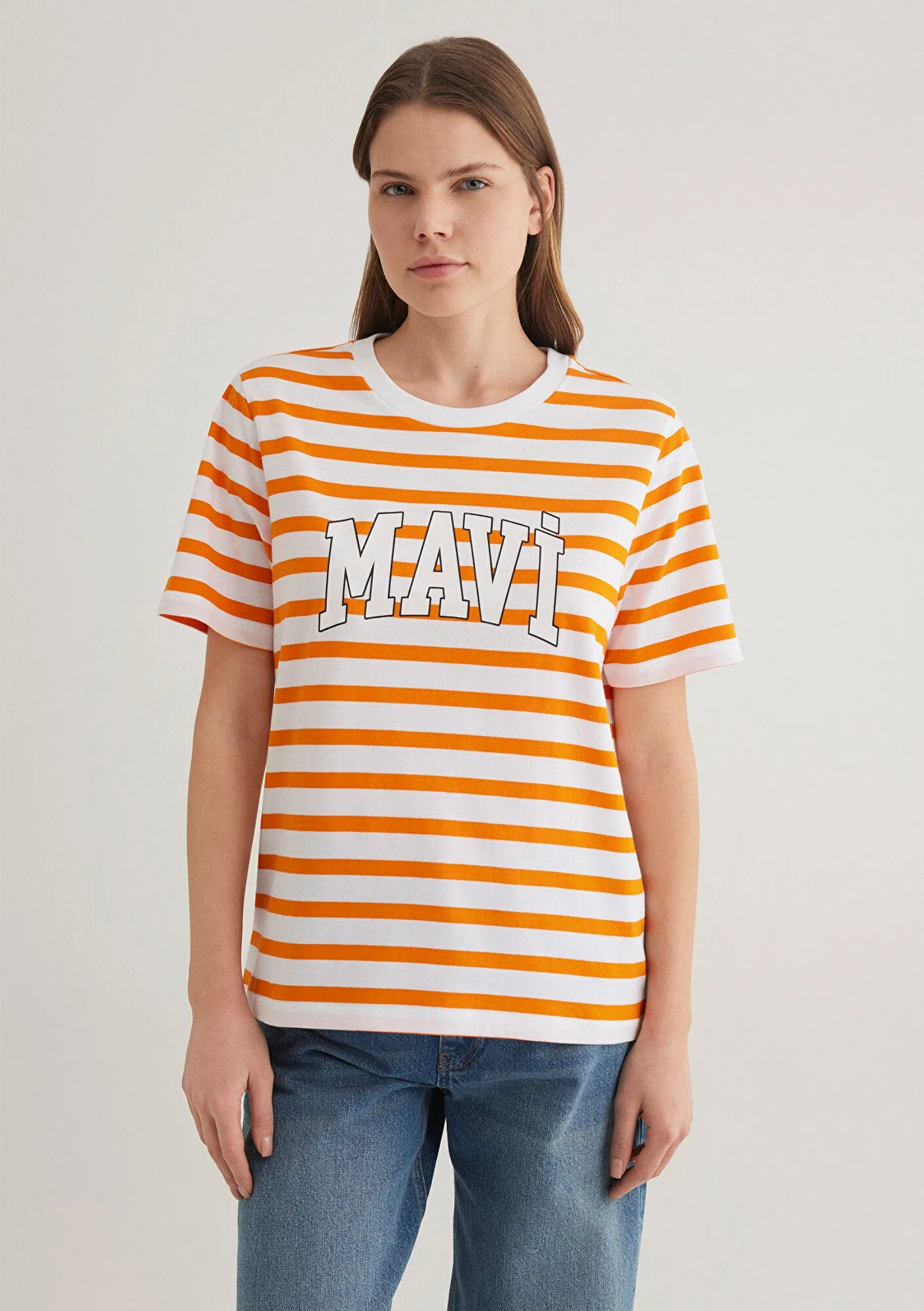 Blue Logo Printed Striped Orange T-Shirt