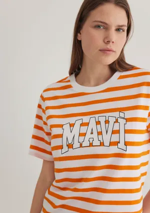 Blue Logo Printed Striped Orange T-Shirt