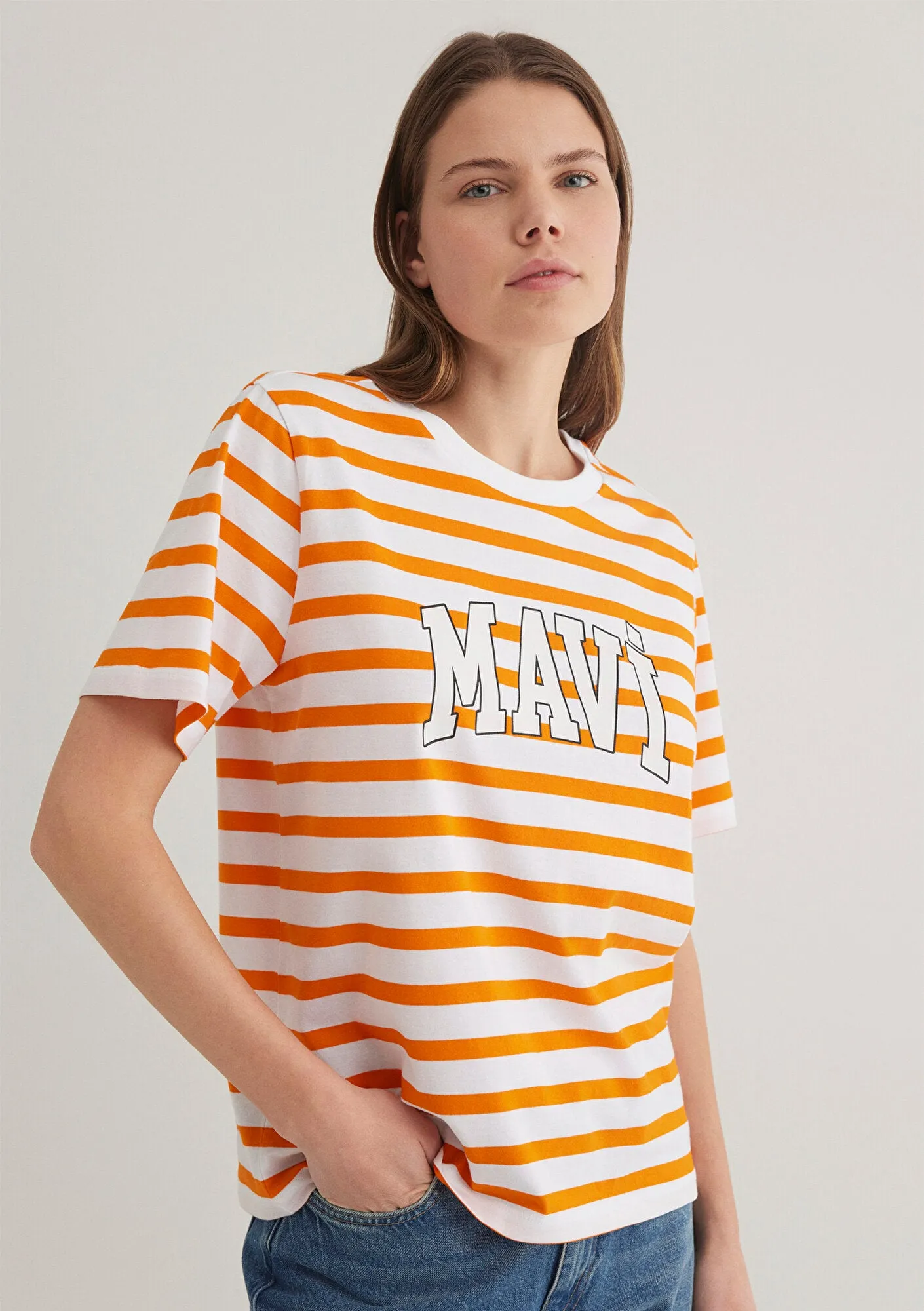 Blue Logo Printed Striped Orange T-Shirt