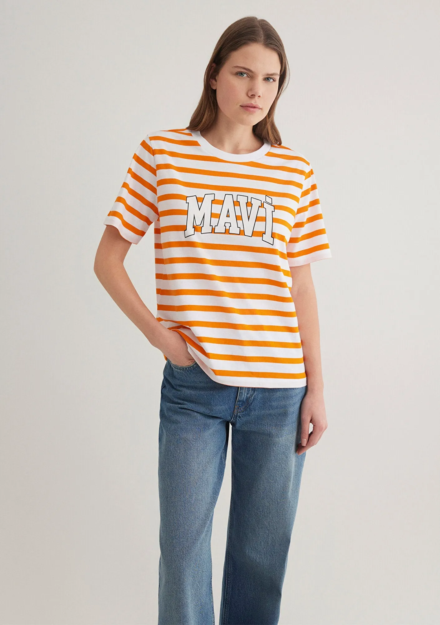 Blue Logo Printed Striped Orange T-Shirt