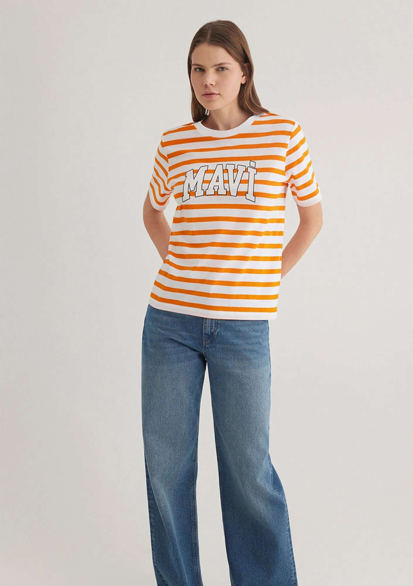 Blue Logo Printed Striped Orange T-Shirt