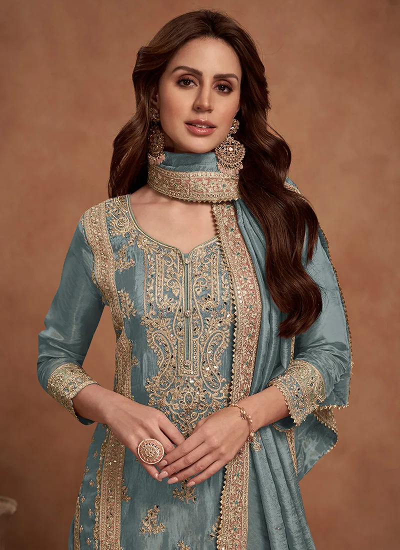 Blue Multi Embroidered Wedding Palazzo Suit