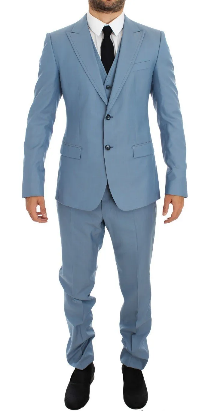 Blue Wool Silk Slim Fit 3 Piece Suit