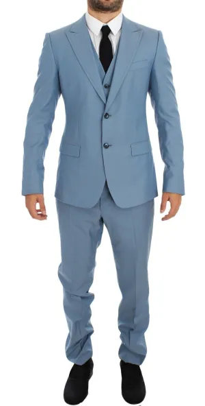 Blue Wool Silk Slim Fit 3 Piece Suit