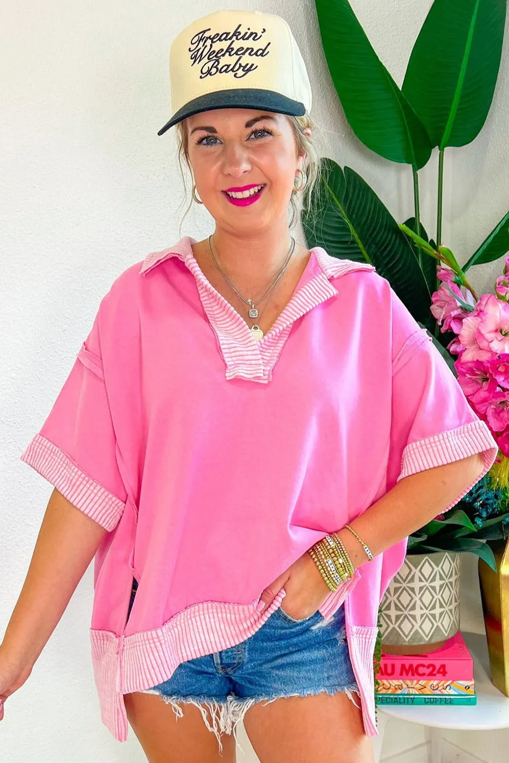 Bonbon Striped Patchwork Collared Half Sleeve Side Slit Loose T Shirt