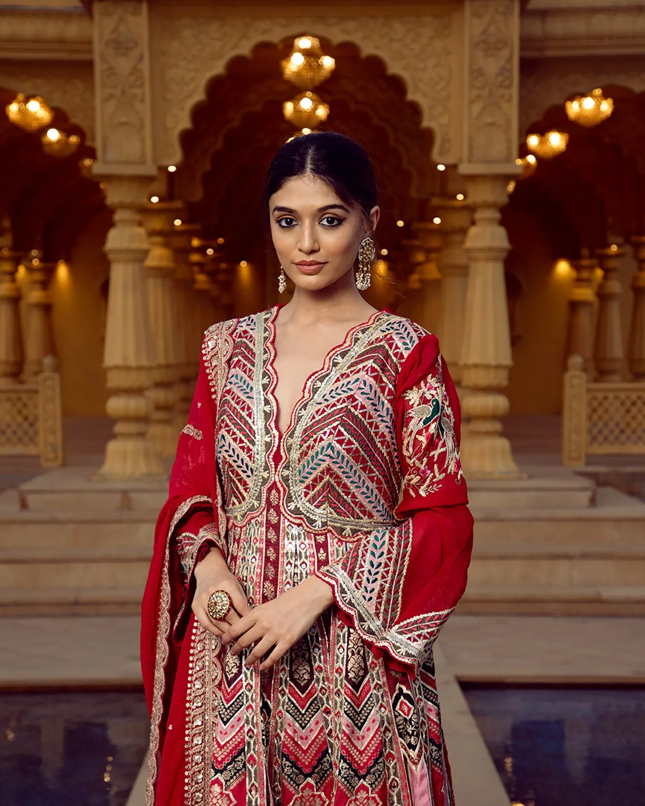 Bright Red Embellished Anarkali Gown