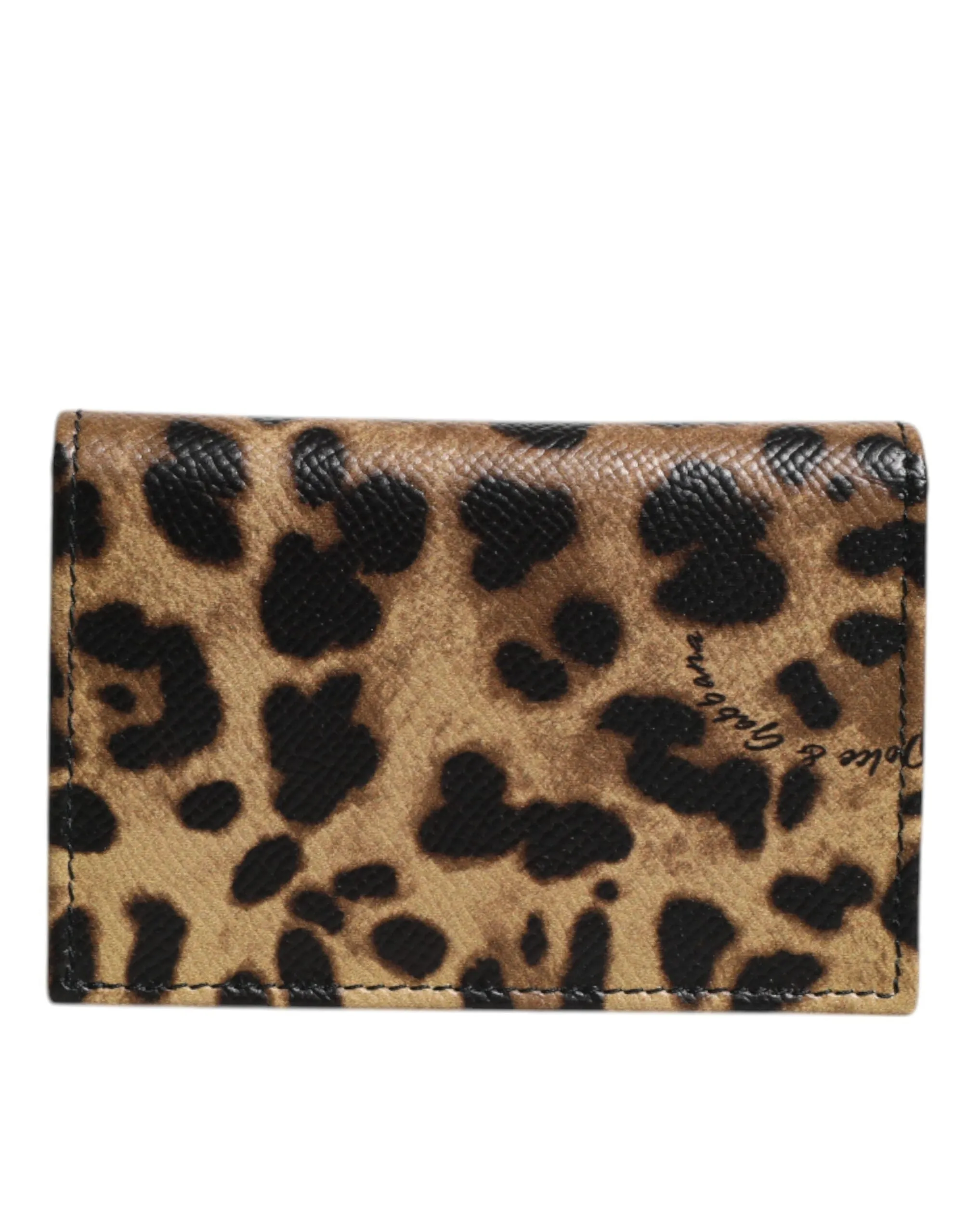 Brown Pink Leopard Leather DG Logo Bifold Card Slot Wallet