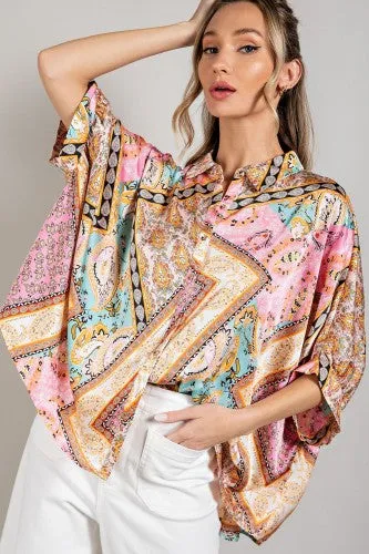 Bubble Pink Bandana Print Button Up Blouse