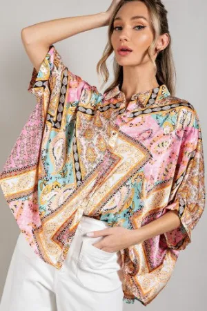 Bubble Pink Bandana Print Button Up Blouse