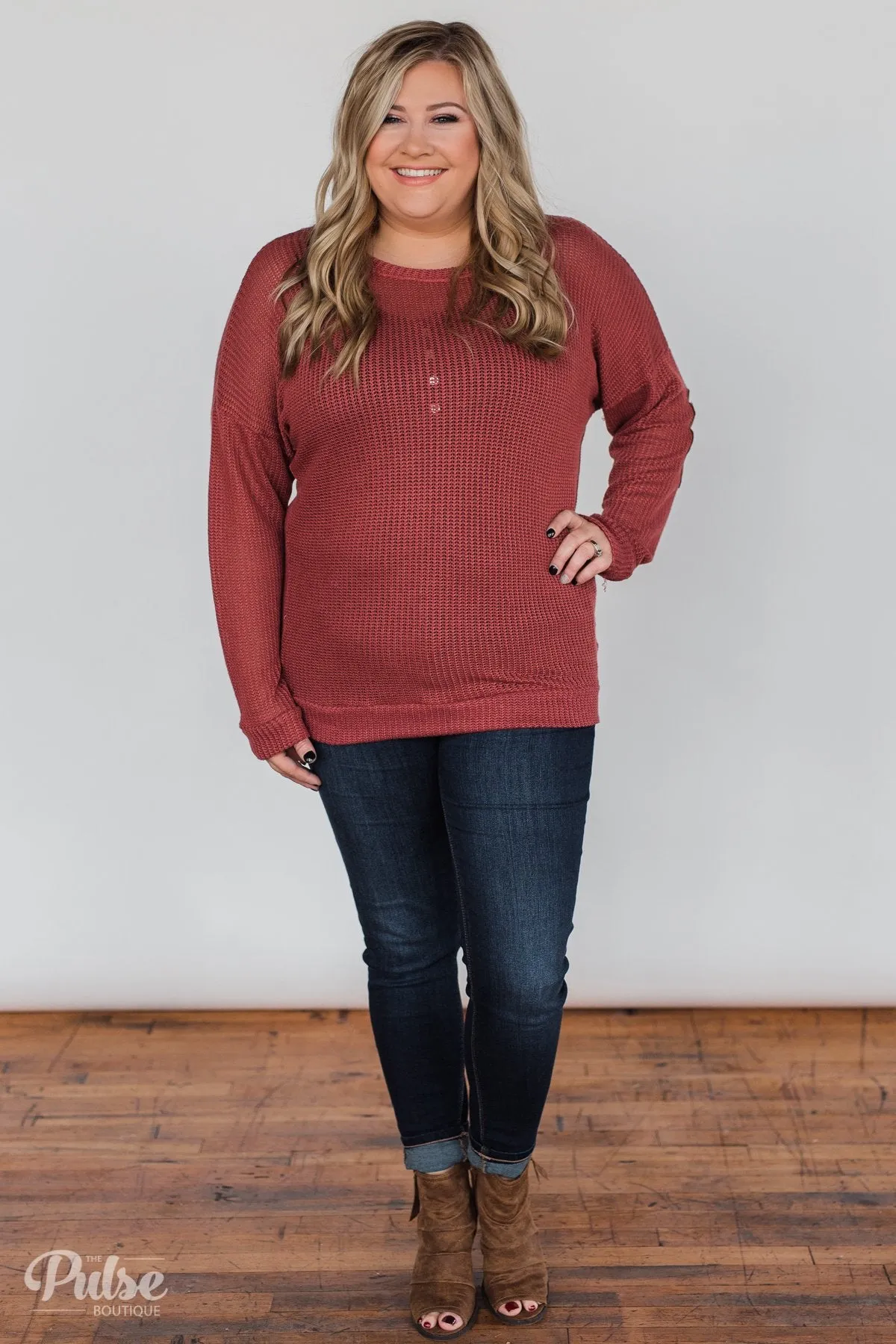 Button Down Back Elbow Patch Sweater- Brick